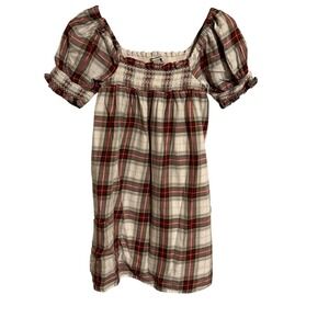 Plaid Smocked Puff-Sleeve Women’s Dress - Red/Tan